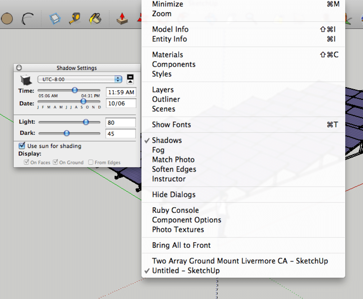 Sketchup shadows tool for PV array shading